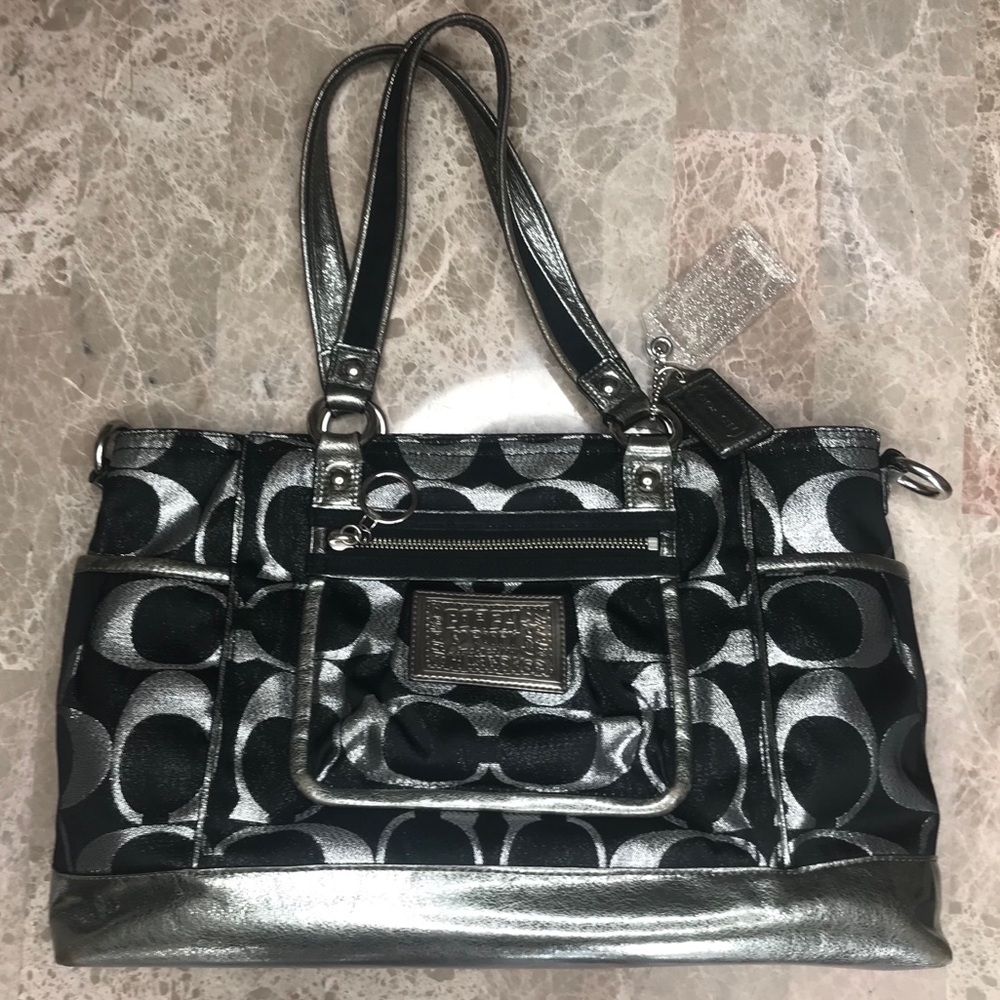 Coach Poppy Signature Lurex Black Book Tote